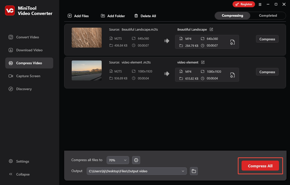 Click on Compress All in MiniTool Video Converter to start the compression process