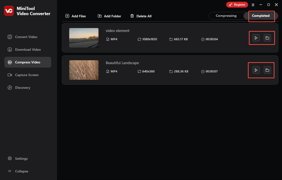 Click on the Play icon or the Folder icon in MiniTool Video Converter to view or locate the compressed videos