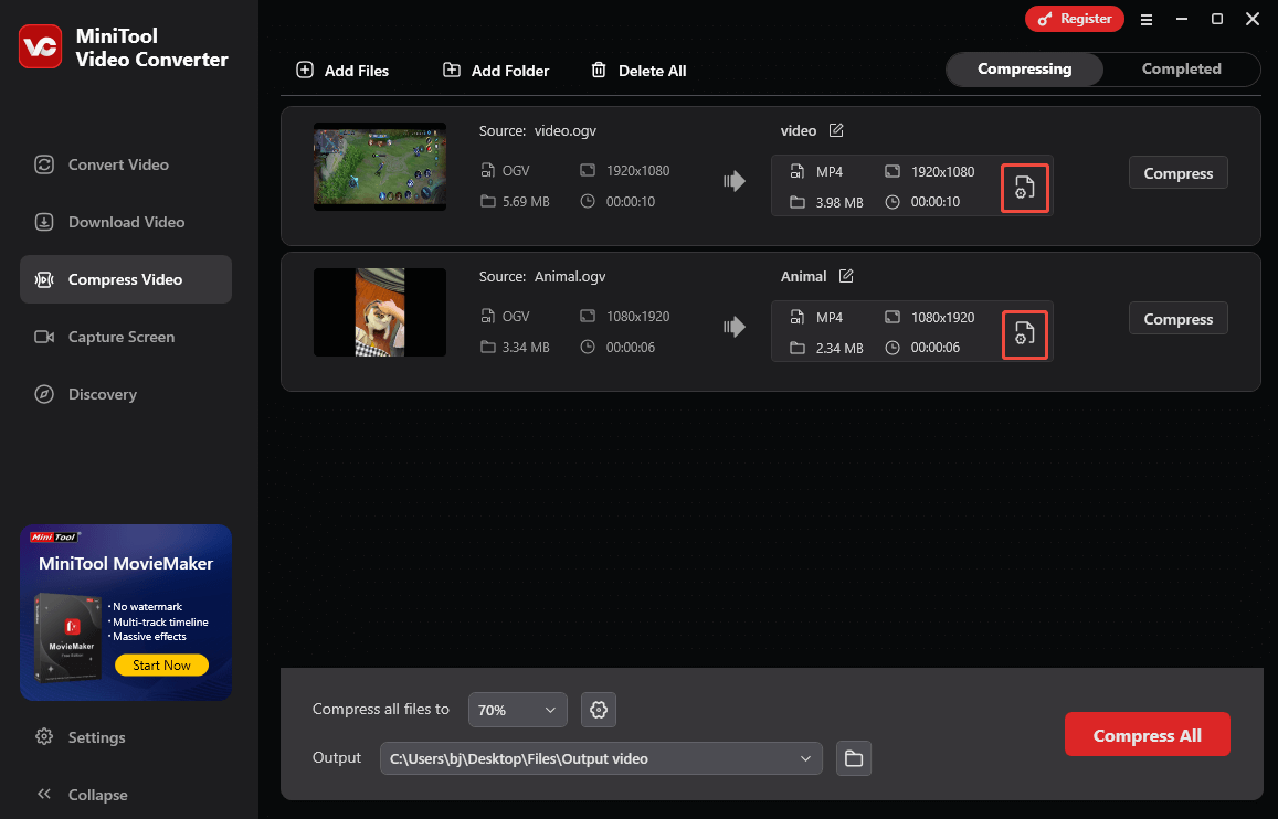 Click on the Settings icon in the Compress Video tab of MiniTool Video Converter to enter the Compression Settings window