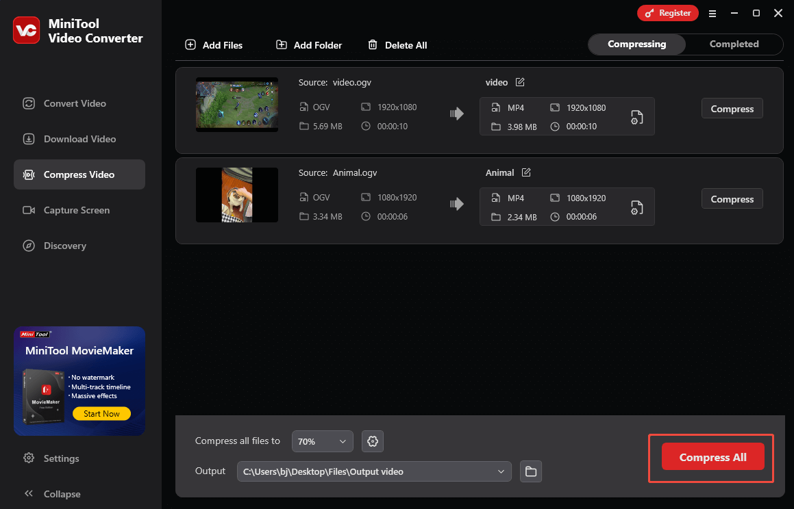 Click on Compress All in MiniTool Video Converter to begin the compression process