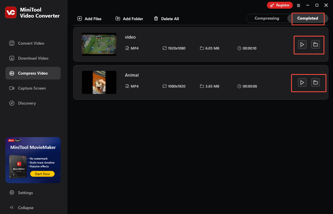 Click on the Play icon or the Folder icon in the Completed section of MiniTool Video Converter to view or locate the converted files