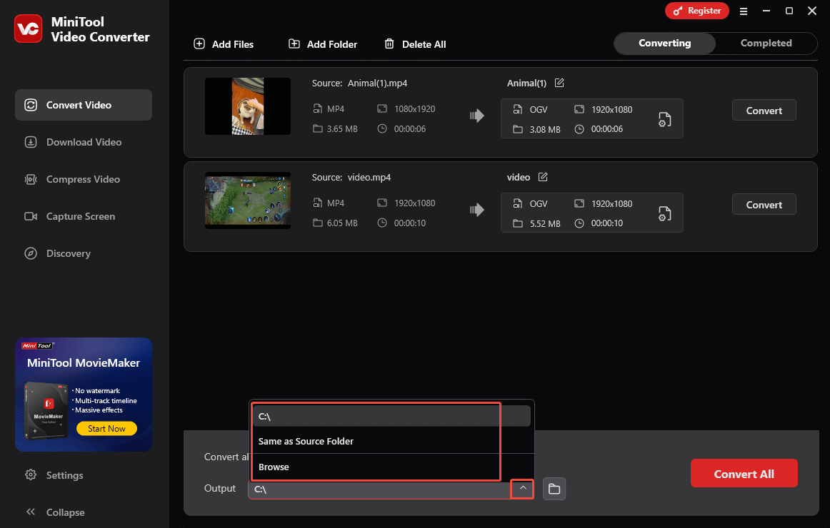 Expand the Output option in the Convert Video tab of MiniTool Video Converter to select a destination folder