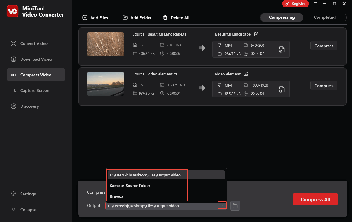 Expand the bottom Output option in MiniTool Video Converter’s Compress Video module to select an output folder for the compressed files