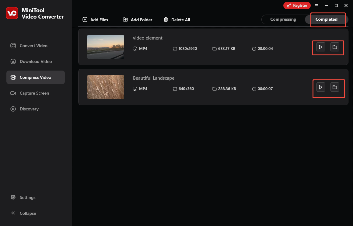 Click on the Play icon or the Folder icon in MiniTool Video Converter’s Compress Video section to view or locate the output files