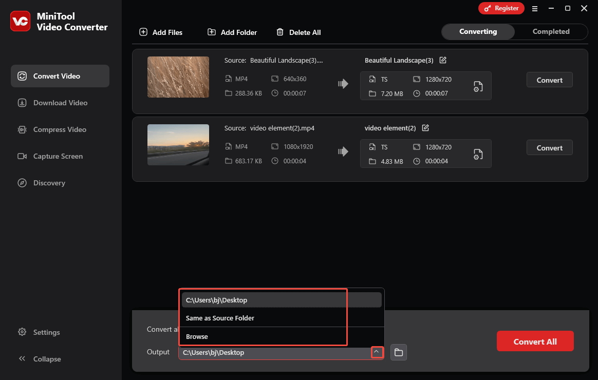 Expand the Output option in MiniTool Video Converter’ Convert Video module to choose a saving path for the converted files