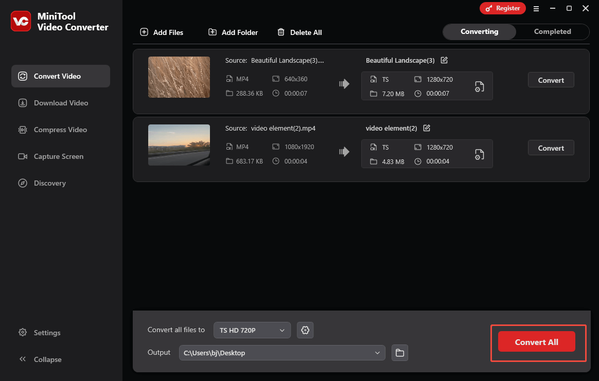 Click on Convert All in MiniTool Video Converter to start the conversion process