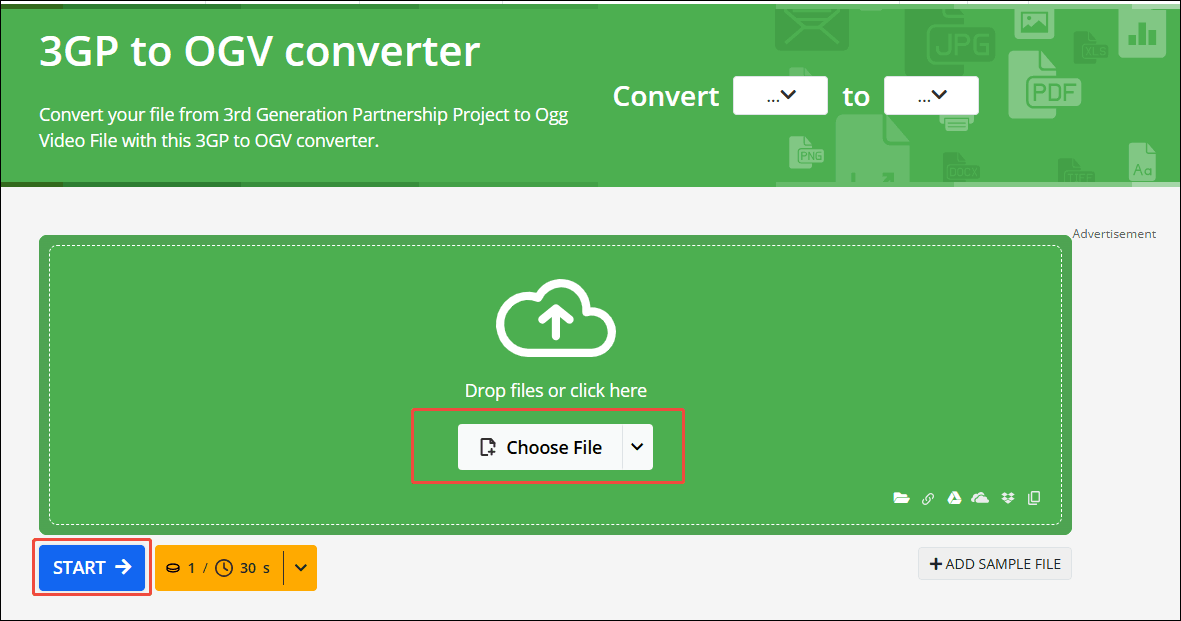 In Online-Convert's Convert 3GP to OGV page, click the Choose File option to import the 3GP file and click on the START button to start the conversion