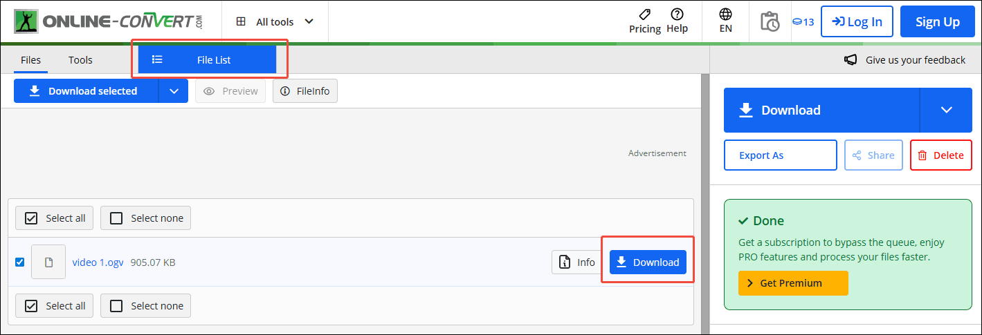 In Online-Convert's Convert 3GP to OGV page, click on the Download button to download the converted file in the File List tab