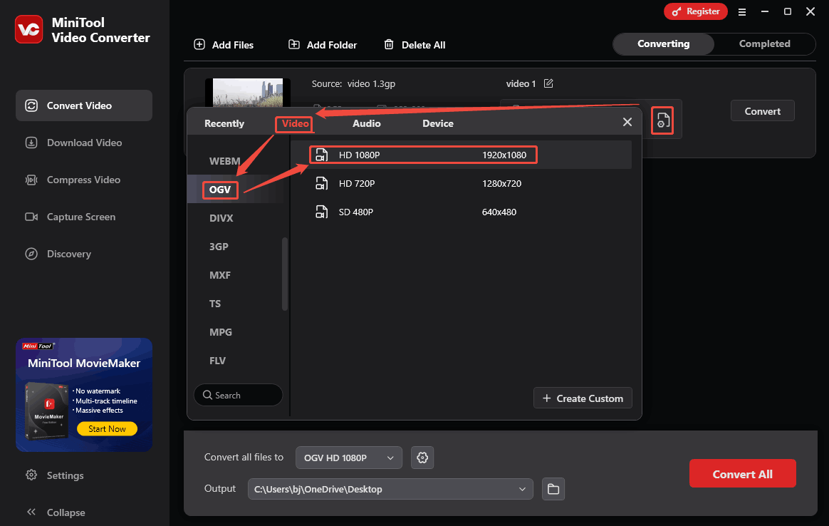 In MiniTool Video Converter, click the gear icon to open the format settings window and choose the OGV format