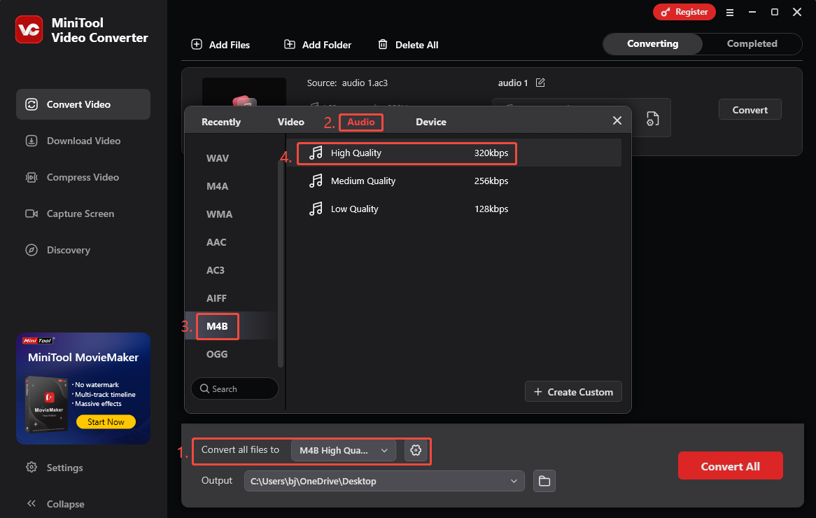 In MiniTool Video Converter, click the Convert all files to option to open the output settings window and choose the M4B format