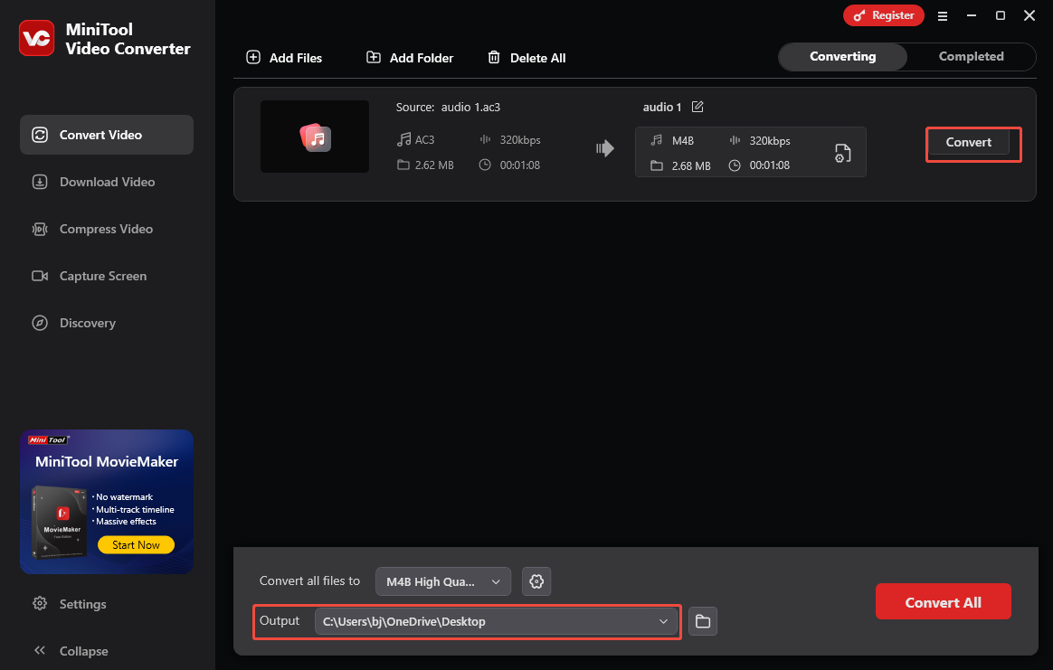 In MiniTool Video Converter, click the Output option to choose a save location for the converted file and click the Convert button to start the conversion
