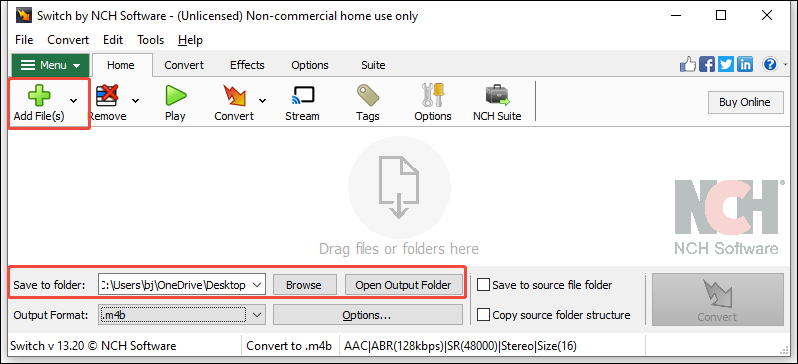 In NCH Software, click the Add File(s) option to import the AC3 file and click the Save to folder option to choose a location to save the converted file