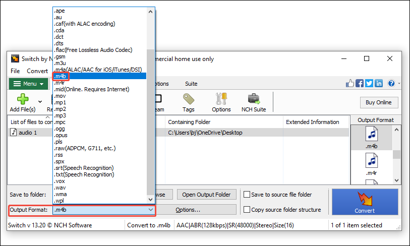 In NCH Software, click the Output Format option to expand the drop-down menu and choose the .m4b option