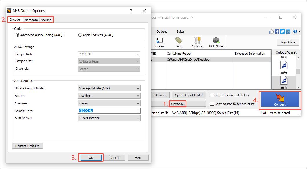 In NCH Software, click the Options… button to open the M4B Output Options window, customize the converted file, and click on the Convert option to start the conversion