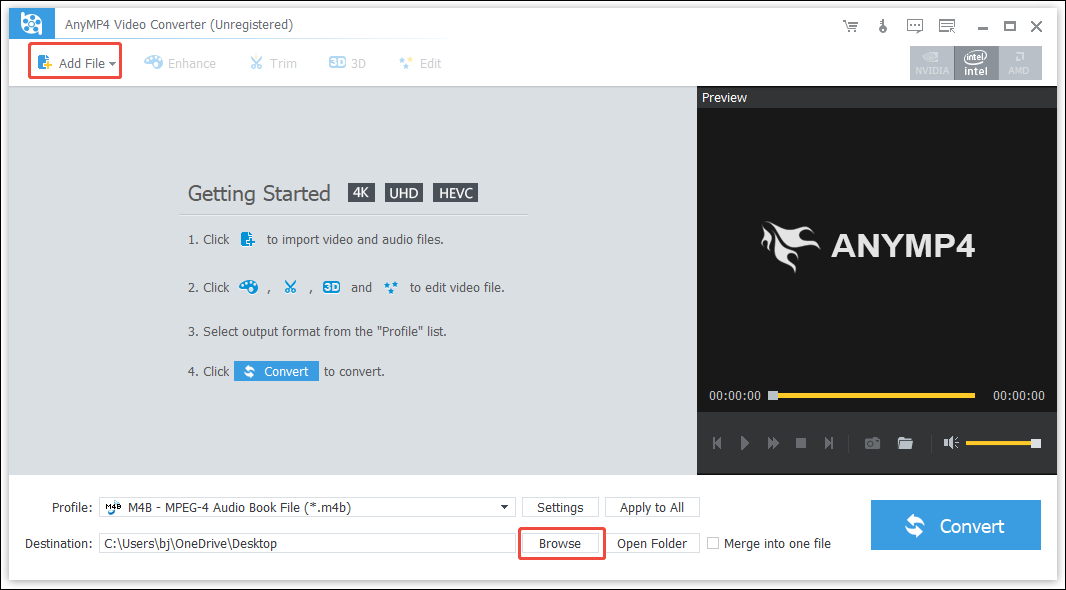 In AnyMP4 Video Converter, click the Add File option to import the AC3 file and click the Browse option to choose a save location for the output format