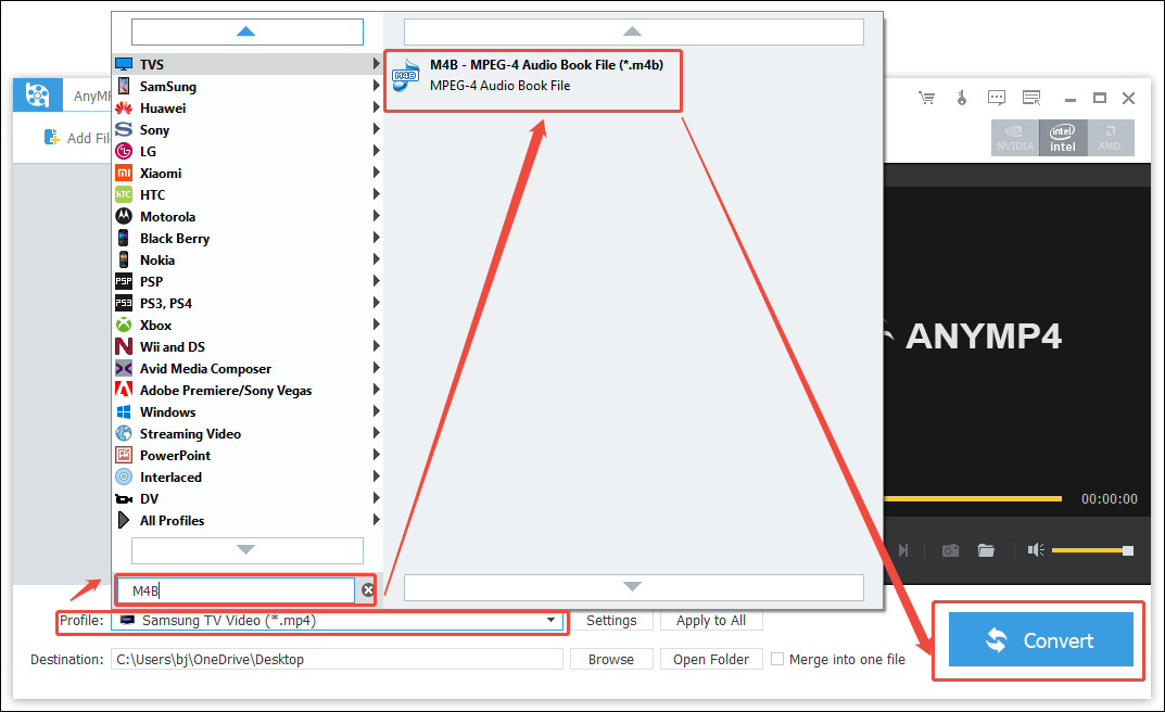In AnyMP4 Video Converter, click the Profile option, type M4B into the search bar, choose the M4B format, and click on the Convert button to start the conversion