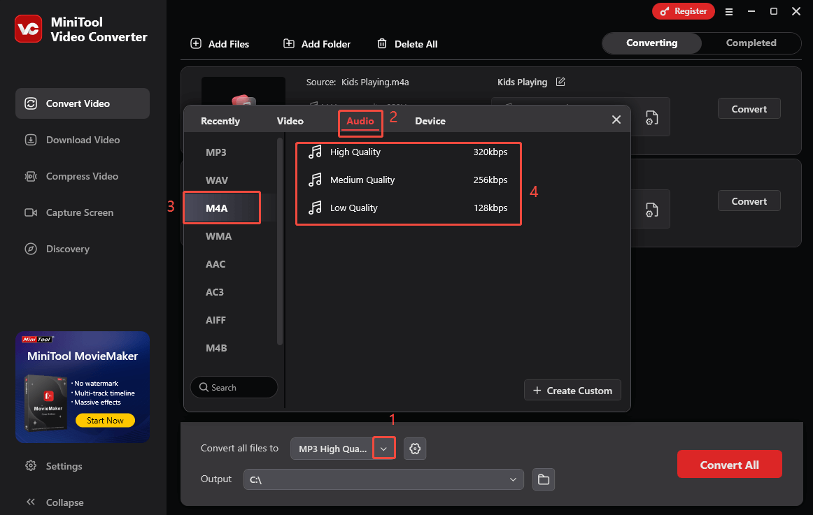 Expand the bottom Convert all files to option in MiniTool Video Converter and choose M4A as the output format