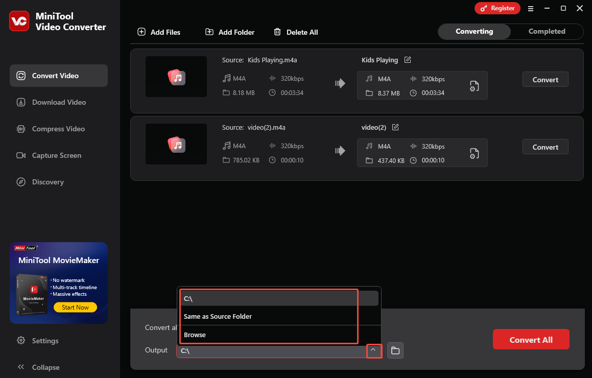 Expand the Output option in MiniTool Video Converter to choose a saving path for the converted files