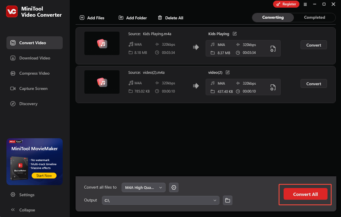 Click on Convert All in MiniTool Video Converter to begin the conversion process
