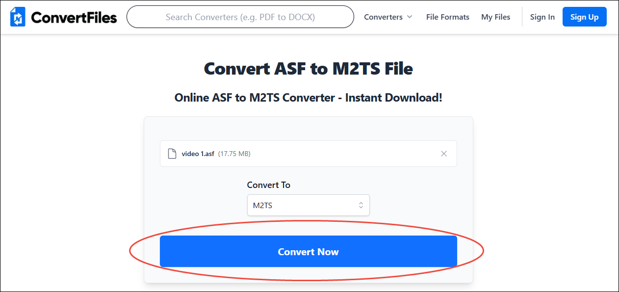 On the Convertio ASF to M2TS page, click the Convert Now button to start the conversion