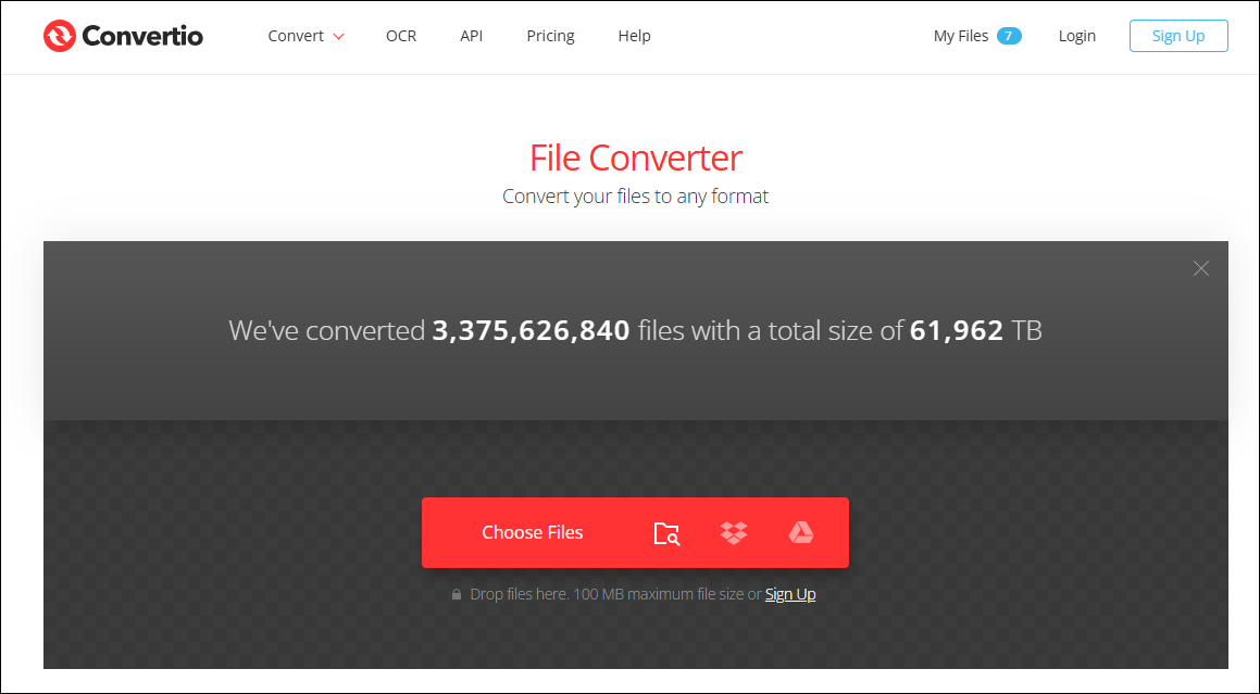 The homepage of Convertio