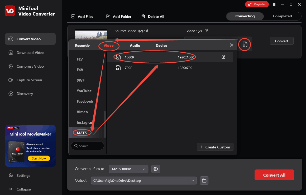 In MiniTool Video Converter, click the output settings icon to start up the format configuration window and choose the M2TS format