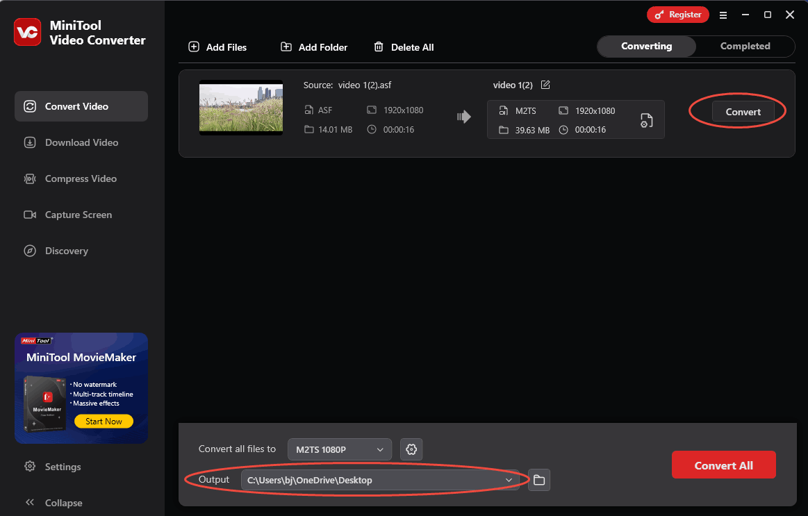 In MiniTool Video Converter, click on the Output option to choose a save location and click the Convert button to start the conversion