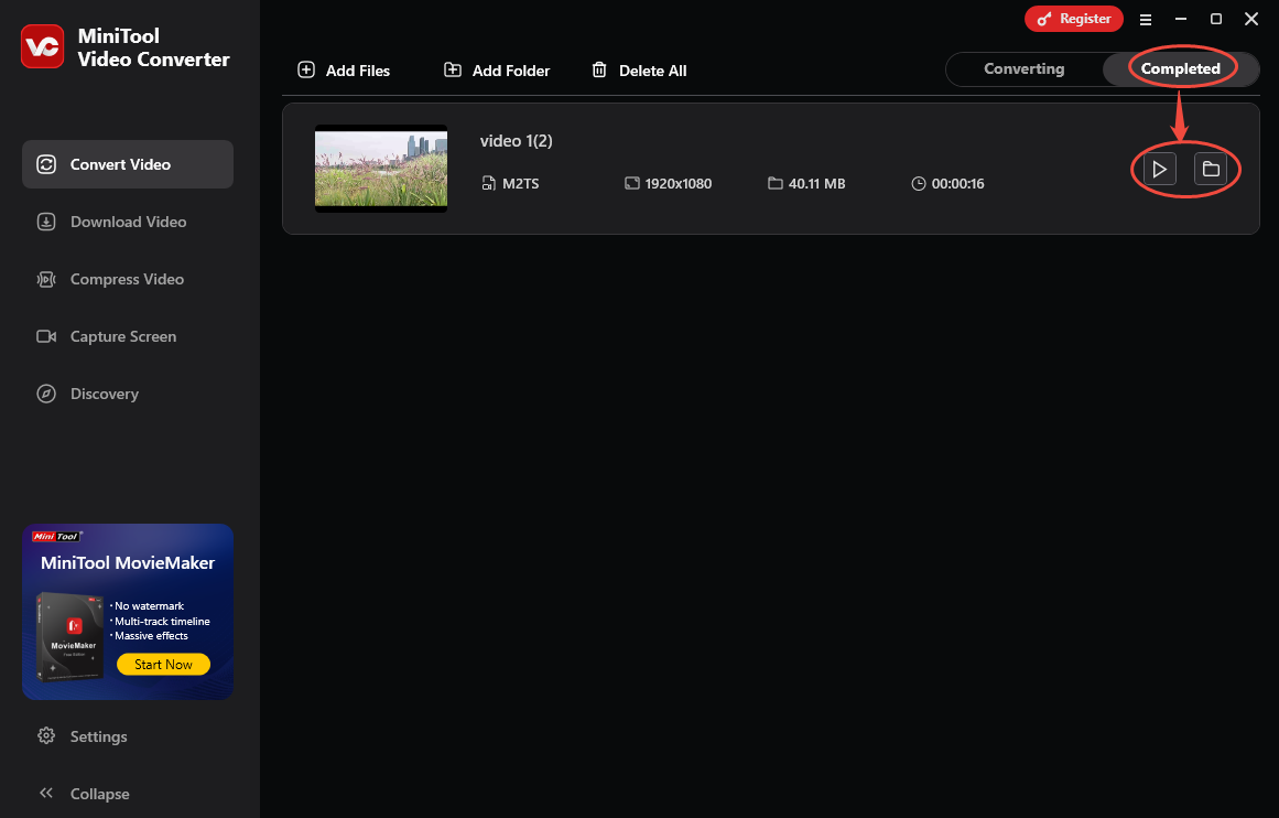 In MiniTool Video Converter, click the play icon to view the converted file or click on the folder icon to locate it on your computer
