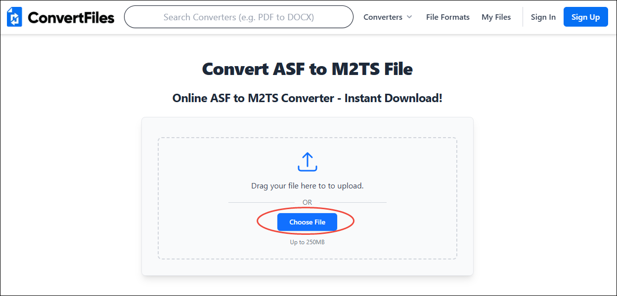 On the Convertio ASF to M2TS page, click the Choose File option to upload the ASF file