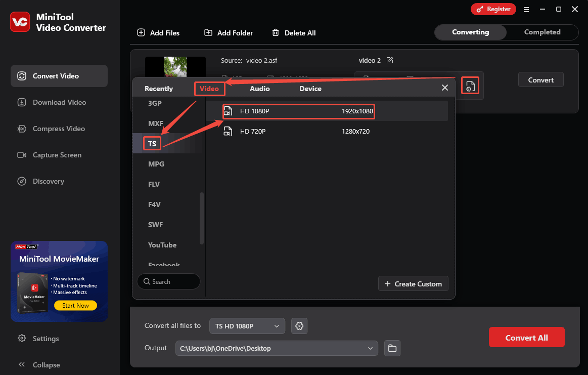In MiniTool Video Converter, click the output settings icon to open the format settings pop-up window, set the TS format, and select a resolution option