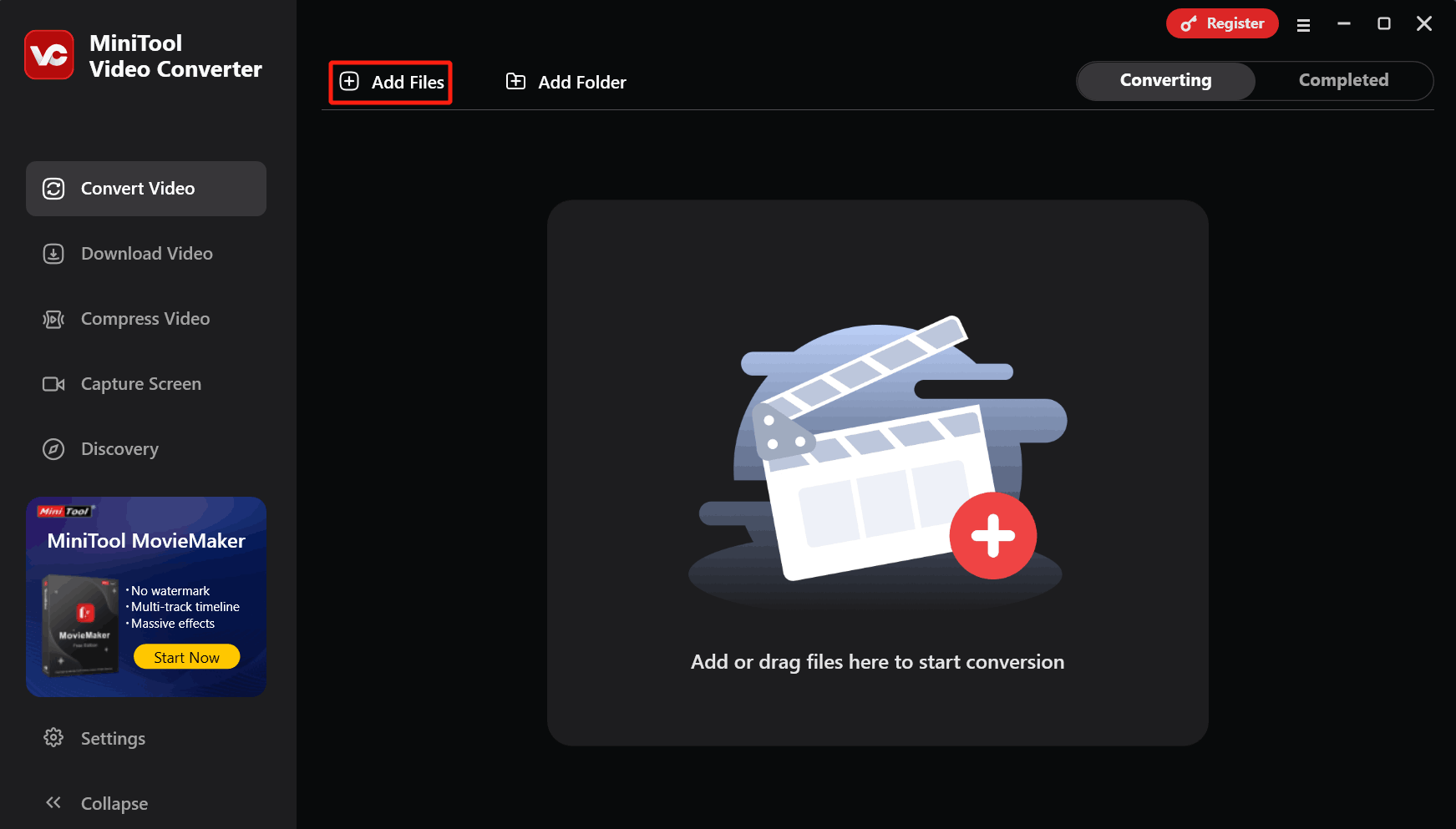 Click the Add Files in MiniTool Video Converter to upload the DivX file
