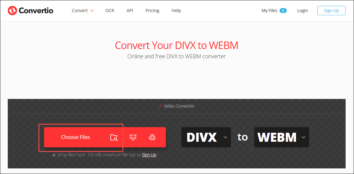 Click the Choose Files in Convertio to import your DivX file
