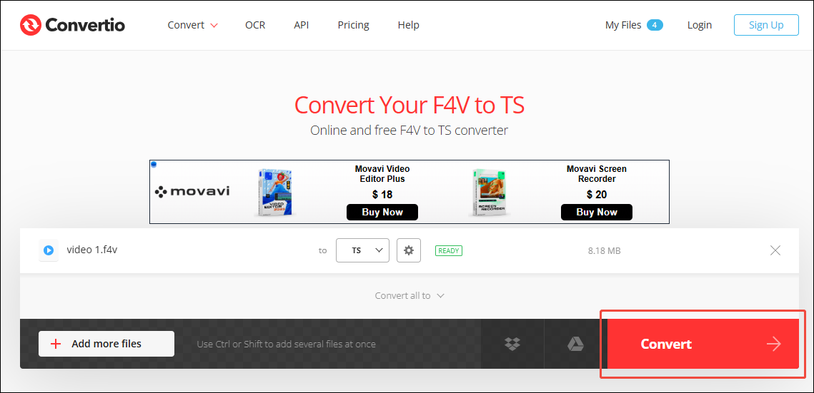 On the Convertio’s page of converting F4V to TS, click the Convert option to begin the conversion process