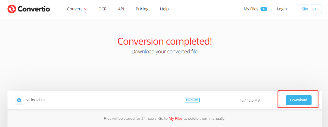 On the Convertio’s page of converting F4V to TS, click the Download button to download the converted file