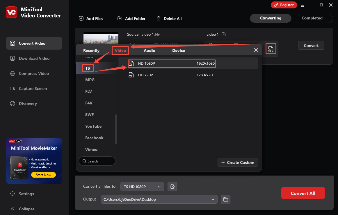 In MiniTool Video Converter, click the edit icon to open the format settings window and choose the F4V format and a resolution