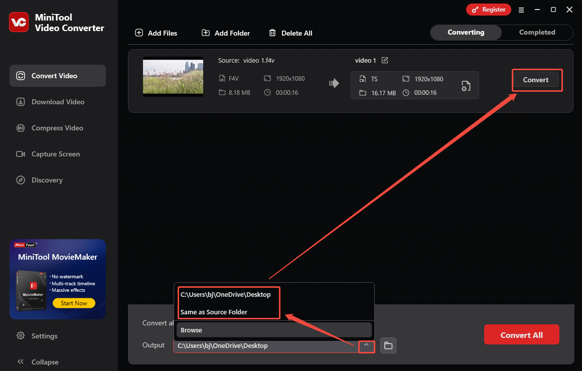 In MiniTool Video Converter, click the Output option to select a save location and click the Convert button to start the conversion