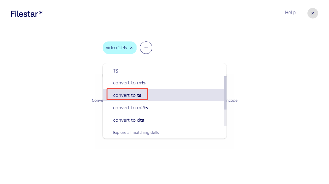 In Filestar, search TS format and choose the convert to ts option