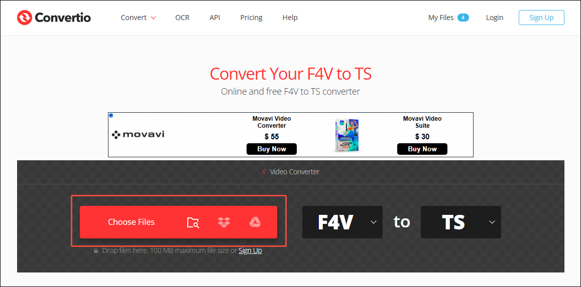 On the Convertio’s page of converting F4V to TS, click the Choose Files button to upload the F4V file