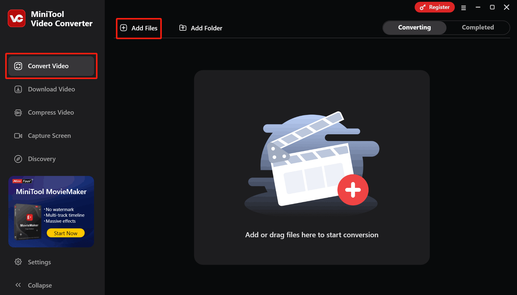 In MiniTool Video Converter’s Convert Video tab, click the Add Files to import the M2TS file