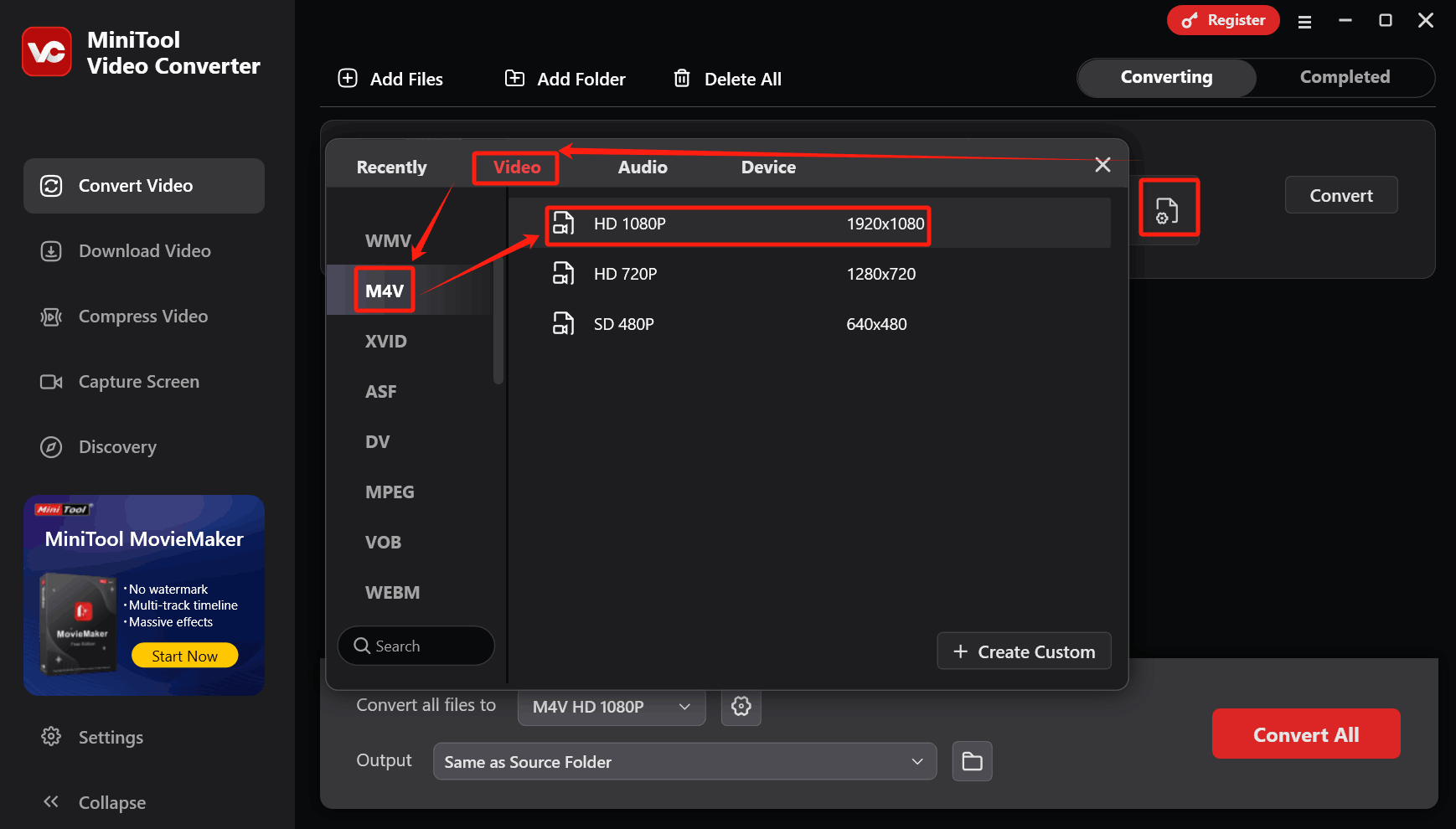 In MiniTool Video Converter, click the gear icon to trigger the format settings window, choose the M4V format, and select a resolution for the converted file