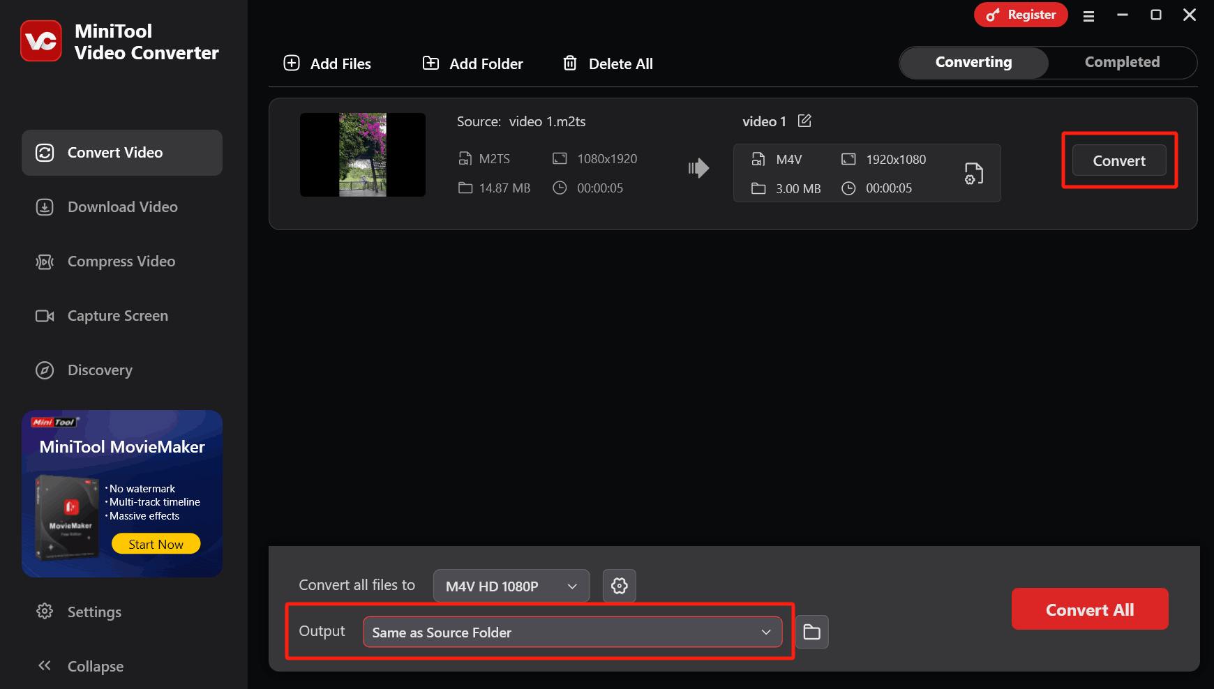 In MiniTool Video Converter, click the Output option to select a storage location for the converted file and click the Convert button to start the conversion