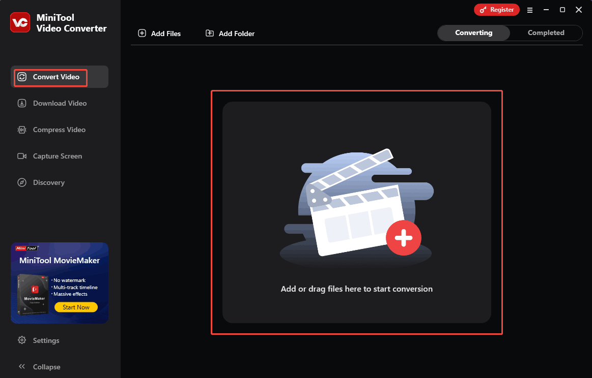 In MiniTool Video Converter’s Convert Video tab, drag the M4B file into the Add or drag files here to start conversion area