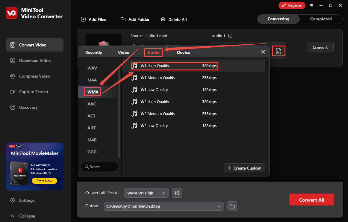 In MiniTool Video Converter, click the output settings icon to open a pop-up window and choose the WMA format