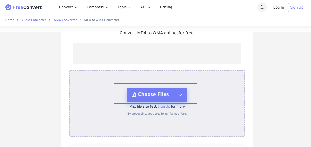 On the FreeConvert’s page for converting M4B to WMA, click on the Choose Files option to upload the M4B file