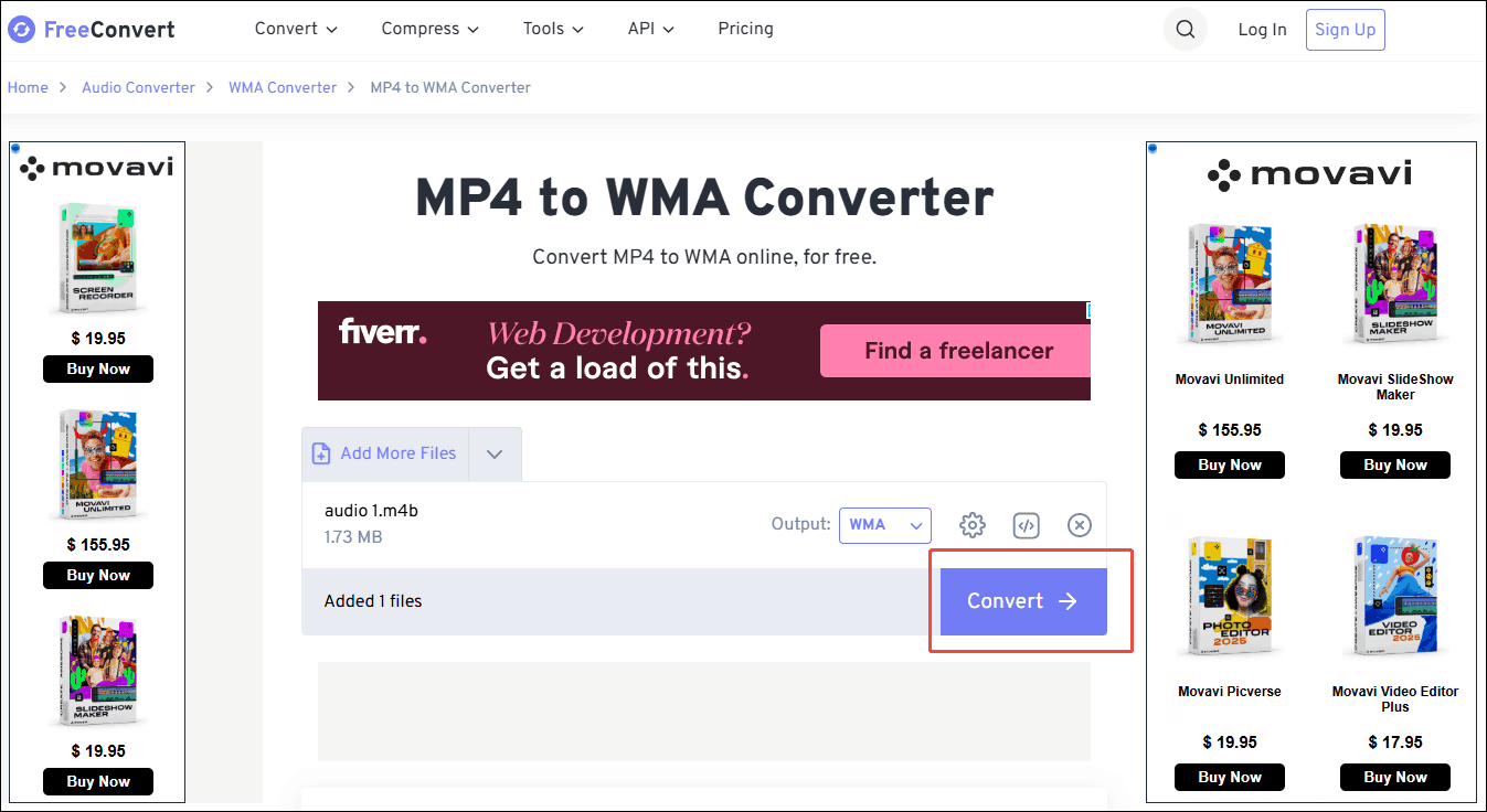 On the FreeConvert’s page for converting M4B to WMA, click the Convert button to begin the conversion process
