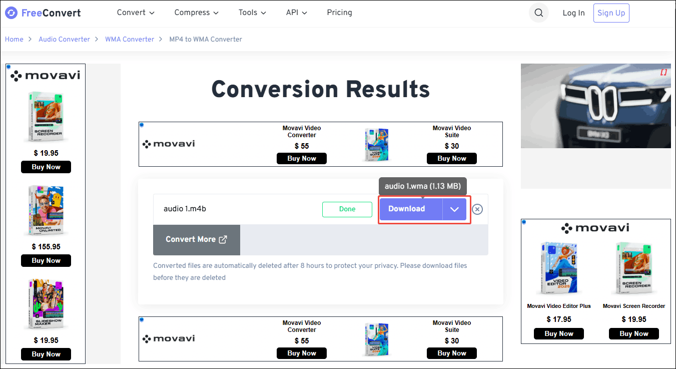 On the FreeConvert’s page for converting M4B to WMA, click the Download button to save the converted file