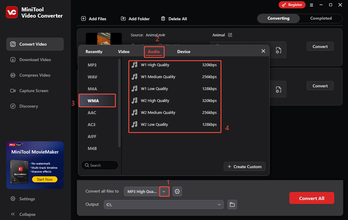 Expand the Convert all files to option in MiniTool Video Converter and choose WMA as the output format