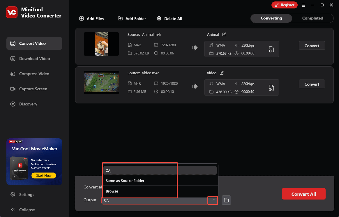 Expand the Output option in MiniTool Video Converter to choose a destination folder for the output files