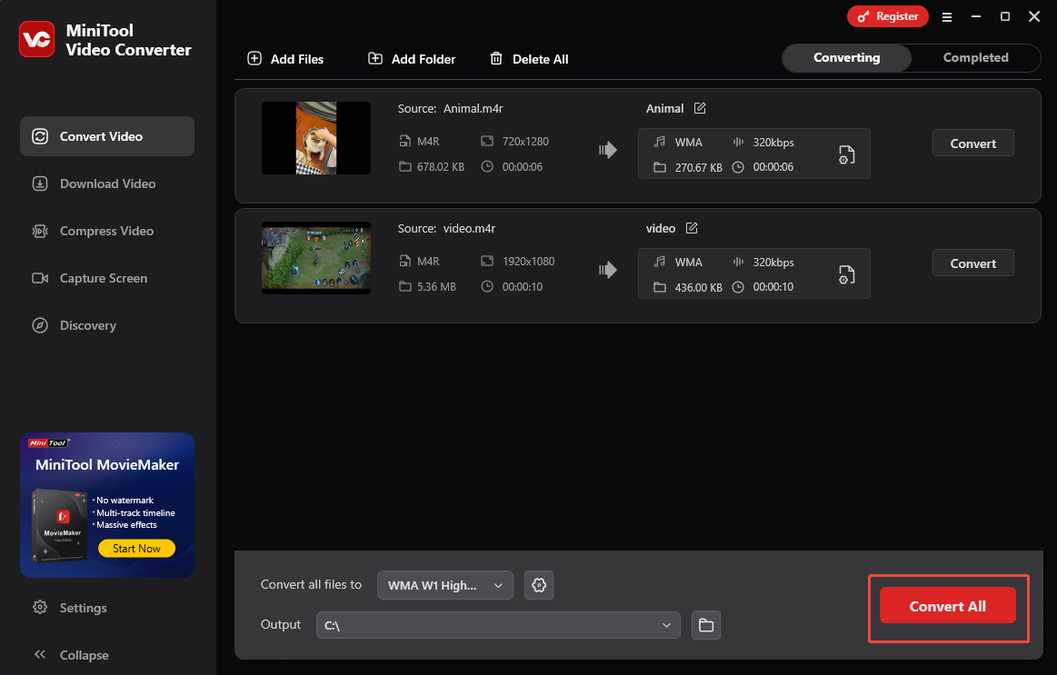 Click on Convert All in MiniTool Video Converter to start the conversion process