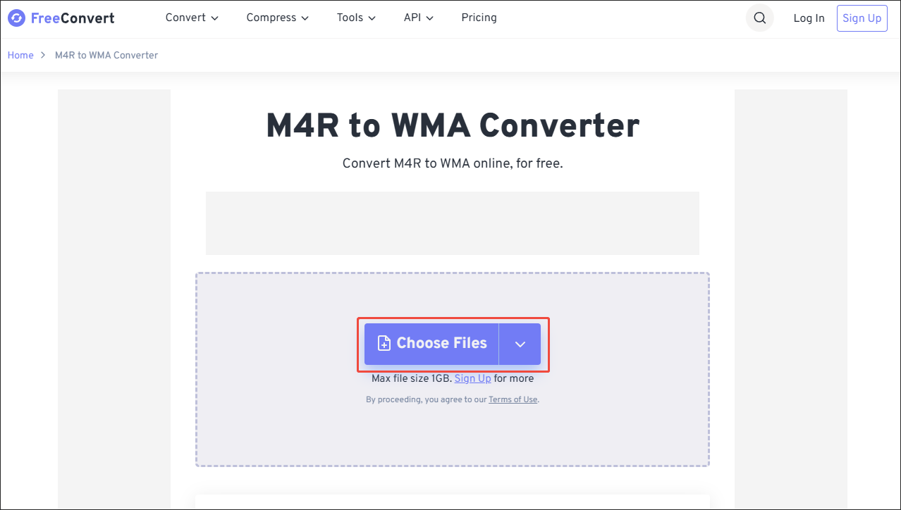 Click on Choose Files in FreeConvert to upload your M4R files